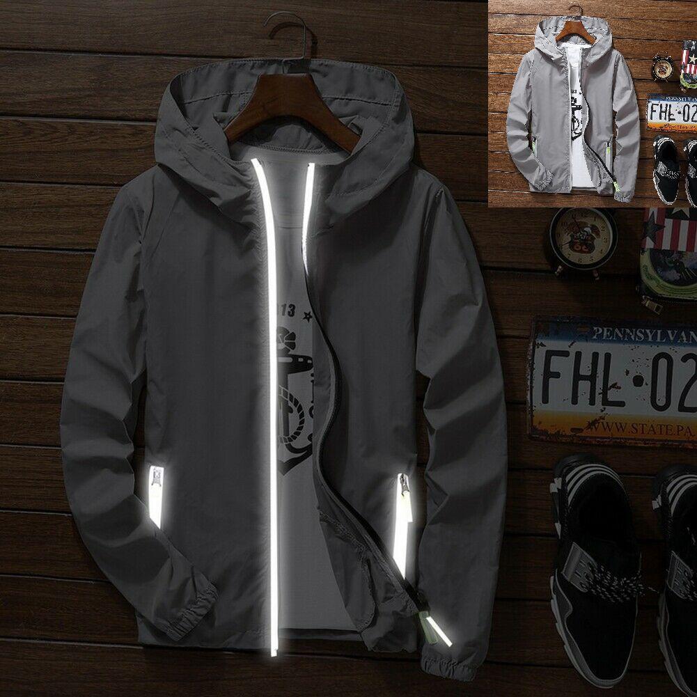 Luminous Windbreaker Mens Zipper Jacket Hoodie Light Sports Outwear Gym Coat