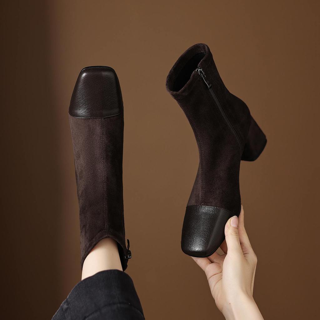 Krazing Pot Microfiber Winter Round Toe Western Boots Thick High Heels Zipper Women Flock Patch Work Ankle Boots