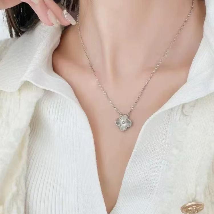 Gold-Plated Nickel Silver Four-Leaf Clover Necklace with Laser Engraved Double-Sided Pendant