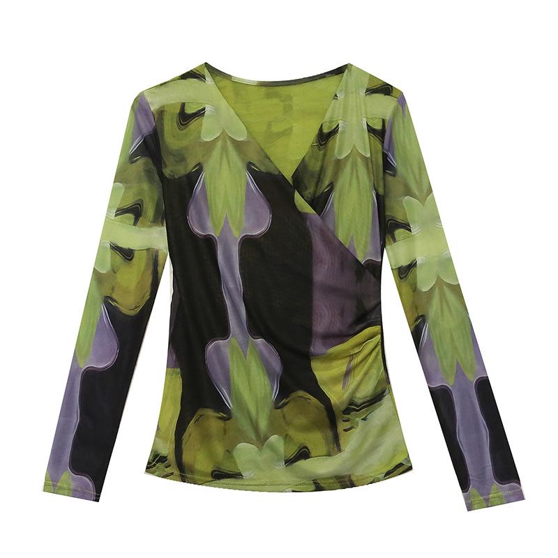 European 2025 Autumn/Winter V-Neck Ruched Mesh Print Slimming Long Sleeve Shirt