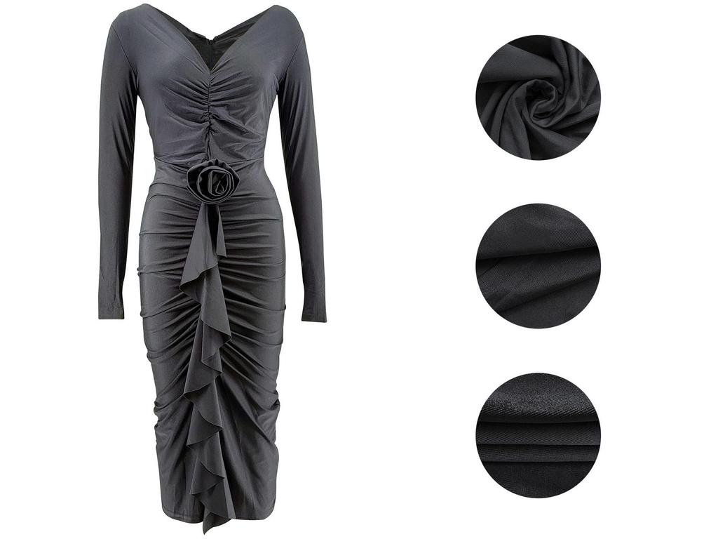 Europäisches & Amerikanisches Damen Herbst/Winter V-Ausschnitt Langarm Kleid - Rosenblumen Hip-Hugging Design