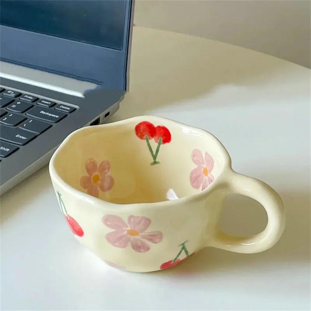 Korean Style Flower Milk Tea Cup, Handmade Ceramic Coffee Cup, Unique Irregular Design, Breakfast Tea Cup