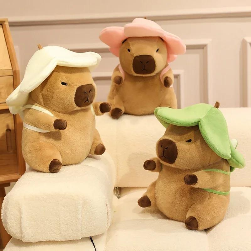 Flower Hat Capybara Soft Guinea Pig Carrying Backpack Doll Stuffed Comfort Pillow Kawaii Room Decor Birthday Gifts