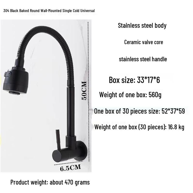 304 Stainless Steel Single Handle Kitchen Faucet, 180° Rotating Large Bend for Cold Water