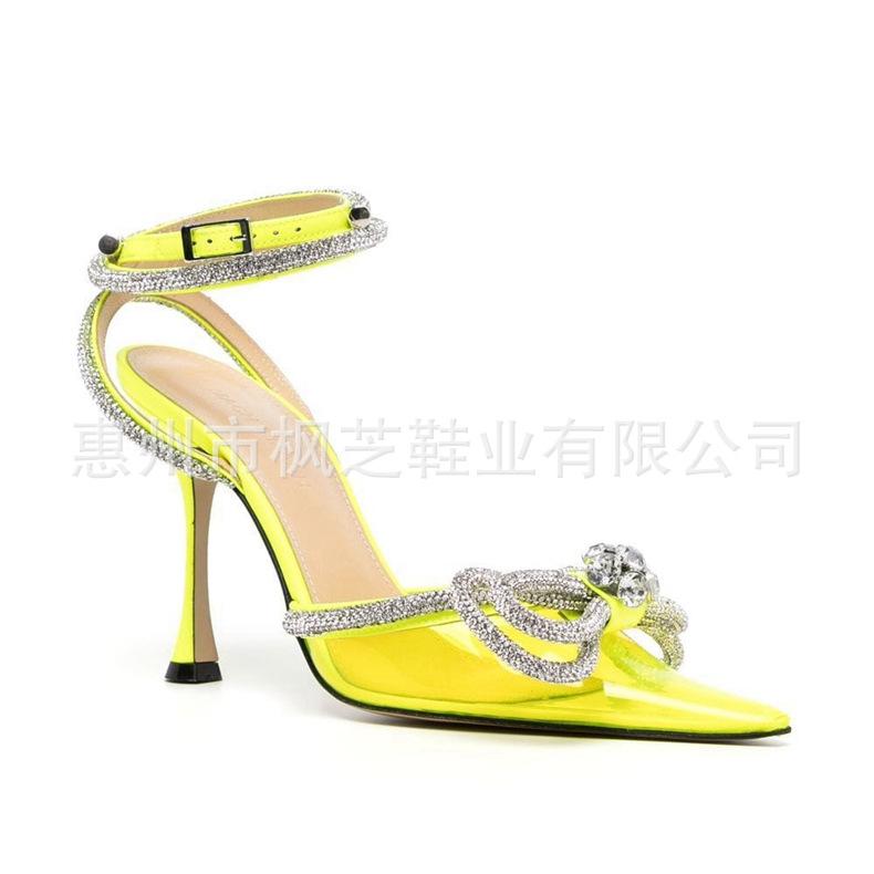 Summer New Transparent Bow Rhinestone High Heel Sandals Pointed Head Bag Head Thin Heel High Heels Fashion Europe and the United States