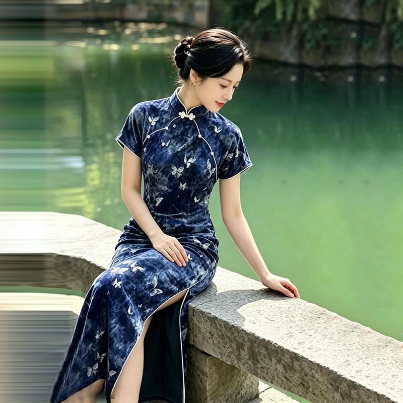 Blue velvet national style new Chinese style Suzhou daily long cheongsam improved young 1011 new women's high sense