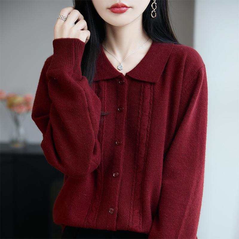 Thickened POLO Collar Knitted Cardigan, Long-sleeved, Autumn and Winter New Style, Loose Solid Color Top, Women's Sweater