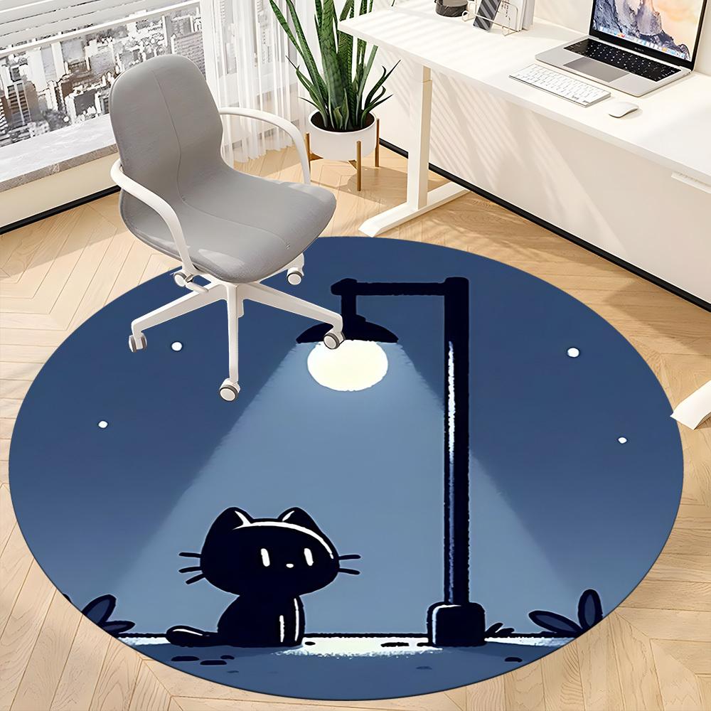1pc Night Cat Office Round Area Rug, Indoor Mat Suitable For Office, Under Office Chairs Bedroom Living Room Home Decor, Room Deco 078
