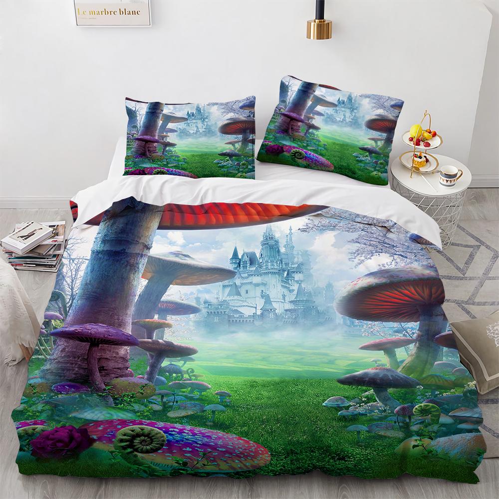 Niedliches Pilzmuster Polyester Bettwäscheset Magisches Pilzhaus King Queen Full Size Bettbezugset Erwachsene Kinder Bettdeckenbezug