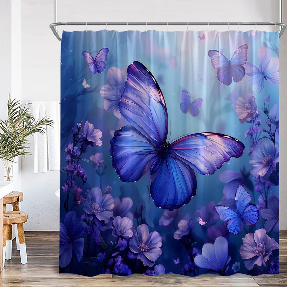 Butterfly Floral Shower Curtain Flower Plant Pink Purple Teal Butterflies Bathroom Decor Elegant Modern Polyester Bath Curtain
