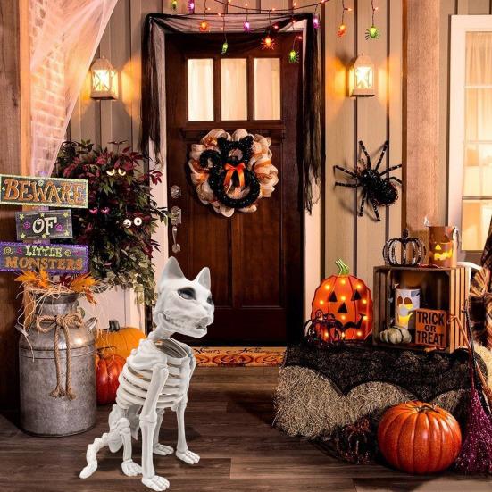 Σκελετωμένη Γάτα Αποκριάτικη Διακόσμηση Ανατριχιαστική Καθιστή Σκελετωμένη Γάτα Φιγούρα Πλαστικά Ζωικά Οστά με Κινητά Μέλη για Σκηνή Νεκροταφείου Στοιχειωμένα Σπίτια