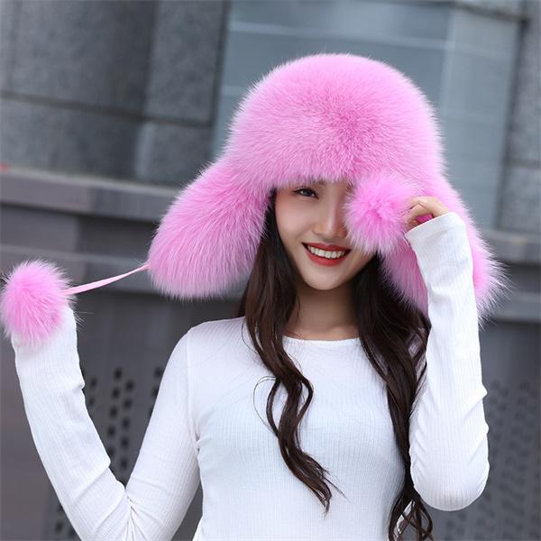 New 100% Real Fox Fur Hats Women's Russian Ushanka Aviator Trapper Snow Skiing Hat Caps  Winter Raccoon Fur Bomber Hat