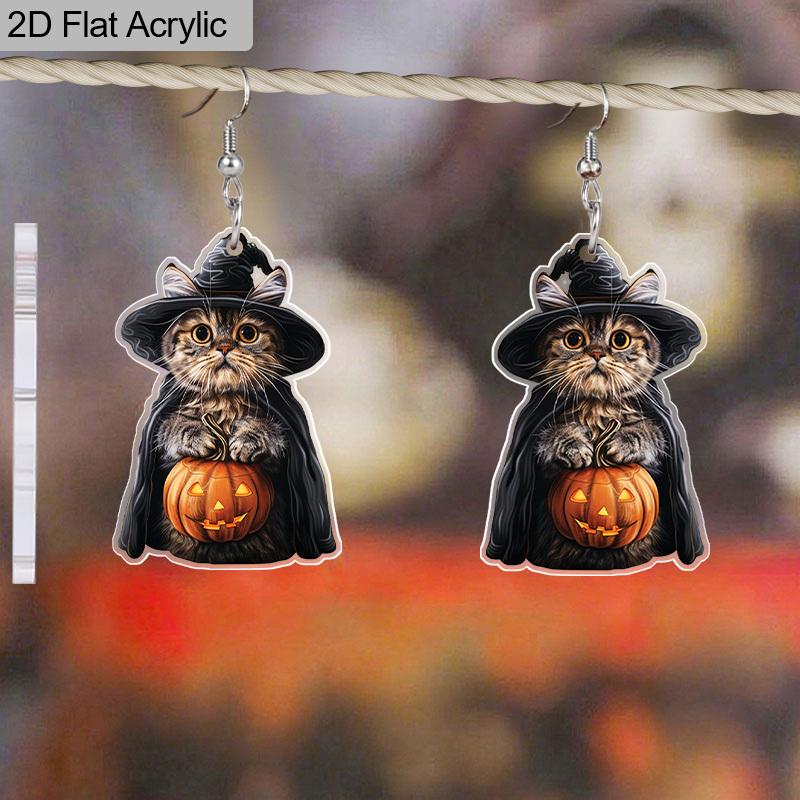 2D Flat Funny Magic Ghost Acrylic Earrings Halloween Party Witch Hat Black Cat Pumpkin Dangling Earrings Women's Holiday Charm Jewelry