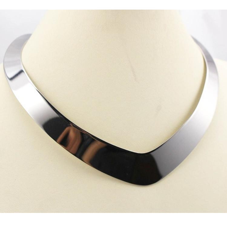 

Fashion Jewelry Stainless Steel Necklaces V Shape Bib Collar Torques Necklaces Silver Color For Women Bohemian Short Necklace