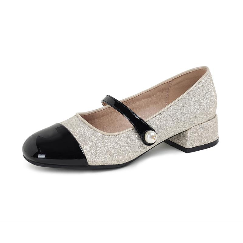 

AK-Блестящие пайетки Банкет Маленький ароматный стиль Квадратный носок Одно слово с толстым каблуком Туфли Мэри Джейн Женские 35 абрикосовый