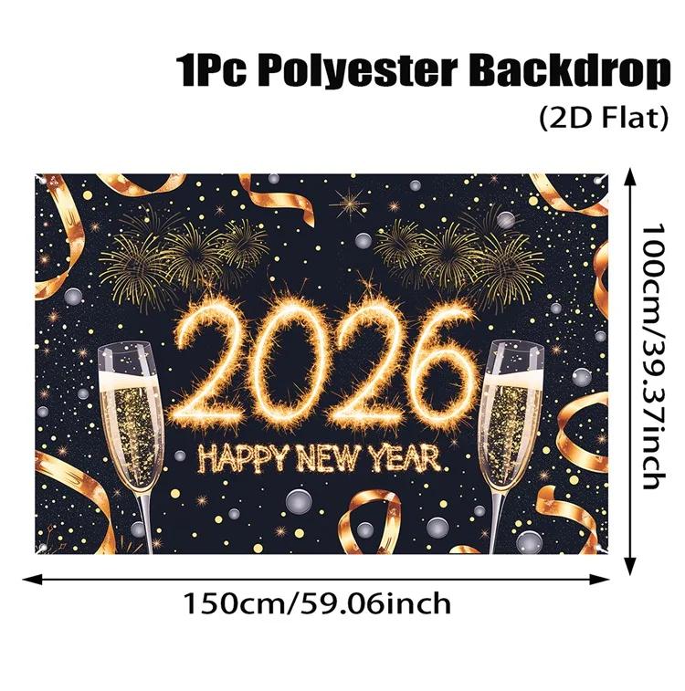 Black Gold New Year Backdrop Banner 2026 Happy New Year Christmas Party Background Decoration Gifts New Year Party Supplies