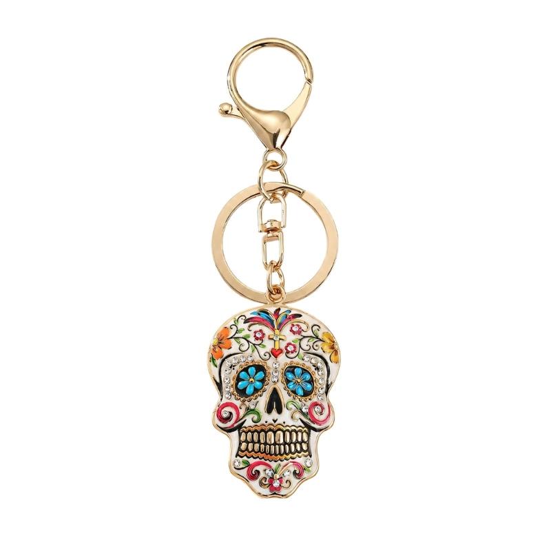 Halloween Skull Keychain Charm, Floral Skull Bag Charm with Alloy Hardware, Lobster Clasp and Round Key Ring for Keys