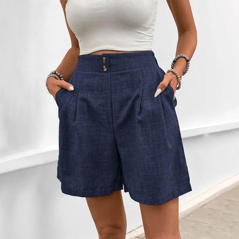 Sommer High Waist Shorts Damen Lässig Locker Weites Bein Einfarbige Shorts Lässige Kurze Hosen Taschen Urlaubs Short