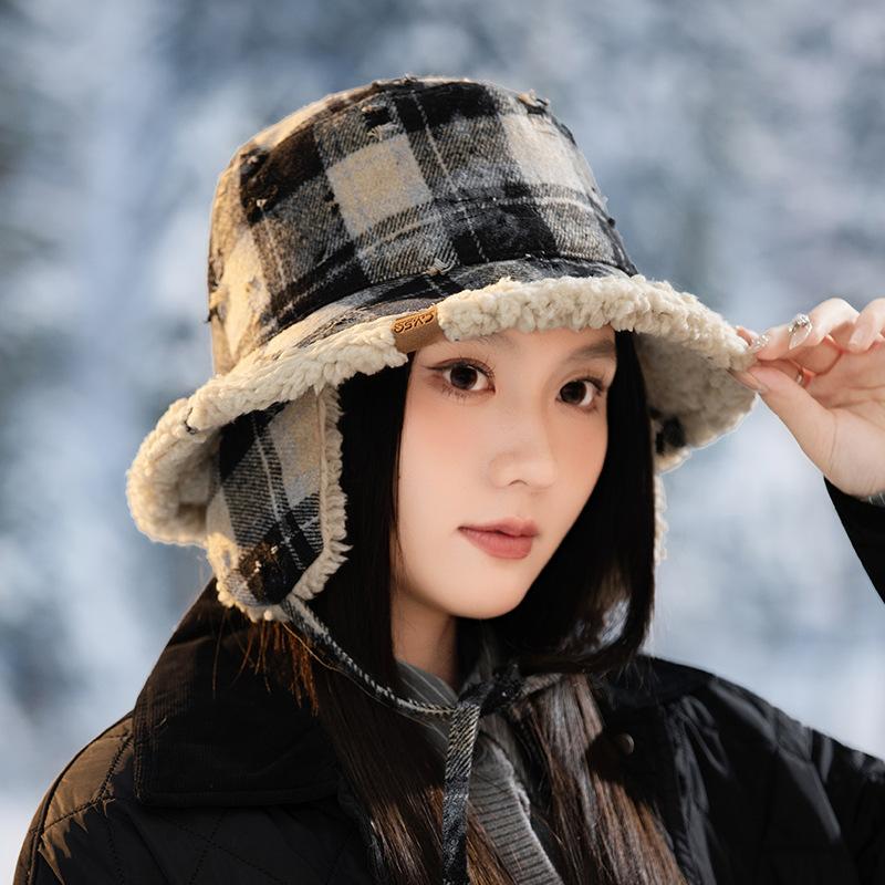 Vintage versatile plaid bucket hat autumn and winter hat women's velvet thermos basin hat big brim ear hat