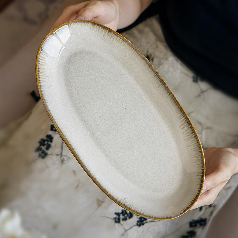12-Inch Oval Fish Plate Retro Kiln-Changed Ceramic Fish Plate Household Steamed Fish Plate Sushi Plate Export
