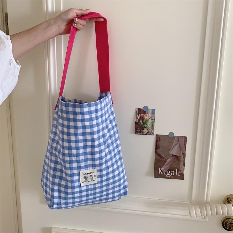 Canvas bag women's new contrasting color plaid shoulder bag college student literary commuter tote bag