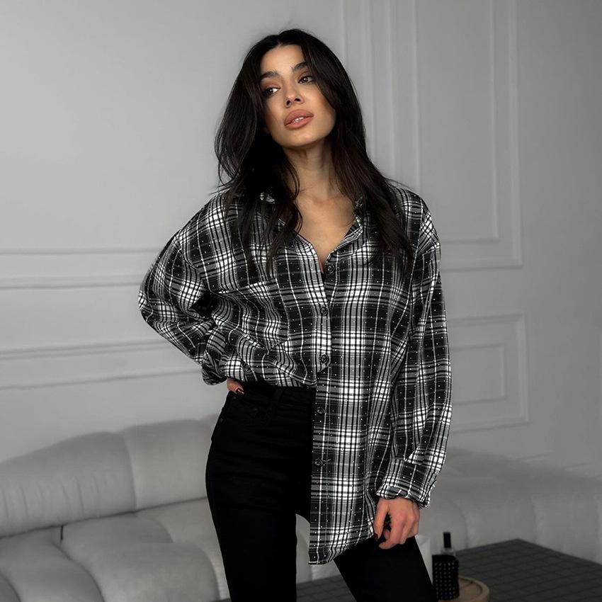 Mode hete diamant los geruit shirt dames oversized retro zwart-wit geruit shirt lente straatstijl dameskleding