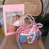 Rural Style Denim Plaid Handbag Lovely Sweet Crossbody Bag Retro Lattice Bowling Bag  Students