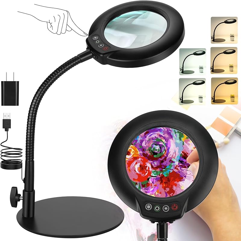 Drdefi 10X Magnifying Glass with Light and Stand, 5 Color Modes Stepless Dimmable Flexible Gooseneck Magnifying Desk Lamp, LED Lighted Magnifier