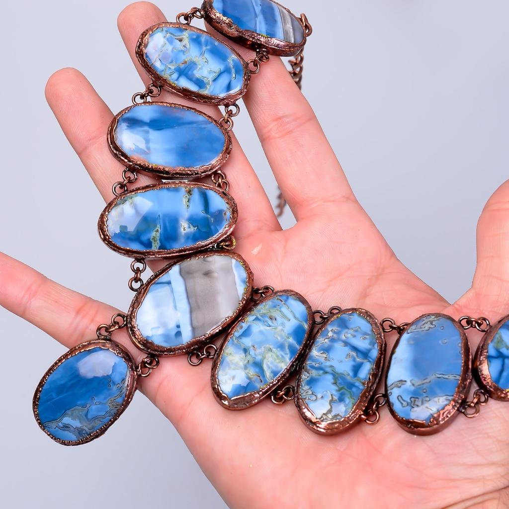 Natural Owyhee Blue Opal Copper Mother Gift Electroformed Chain Necklace Jewelry V-83