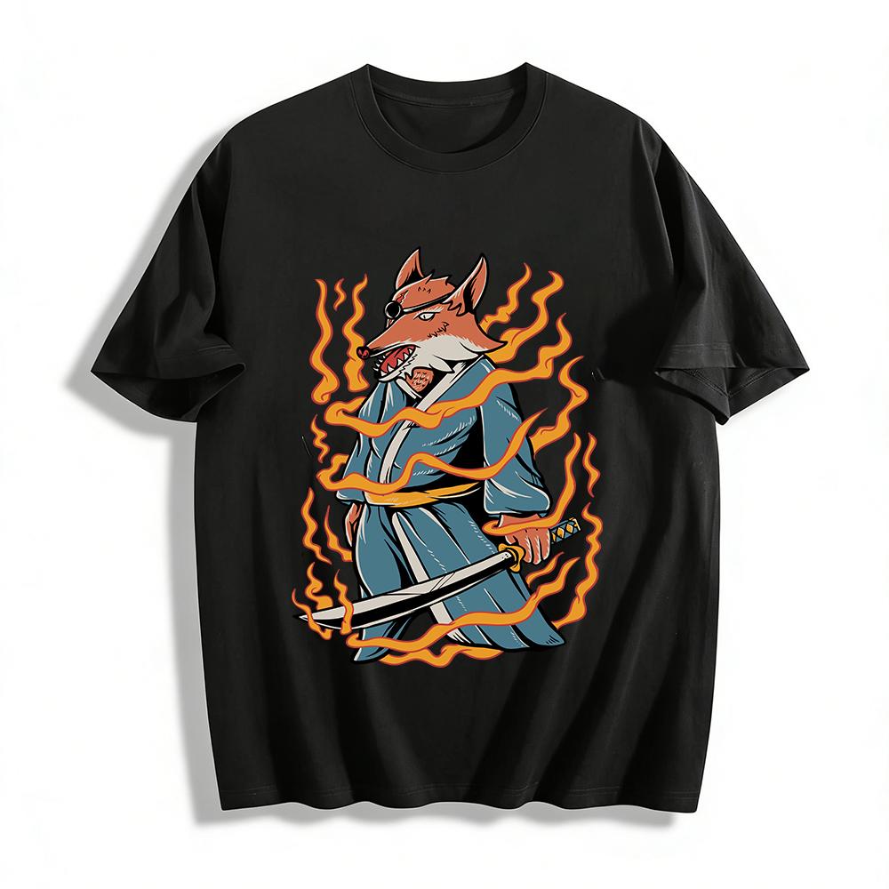 

Japanese Style Kitsune Samurai Flame Print Casual Loose T-Shirt Pure cotton T-shirt XXS