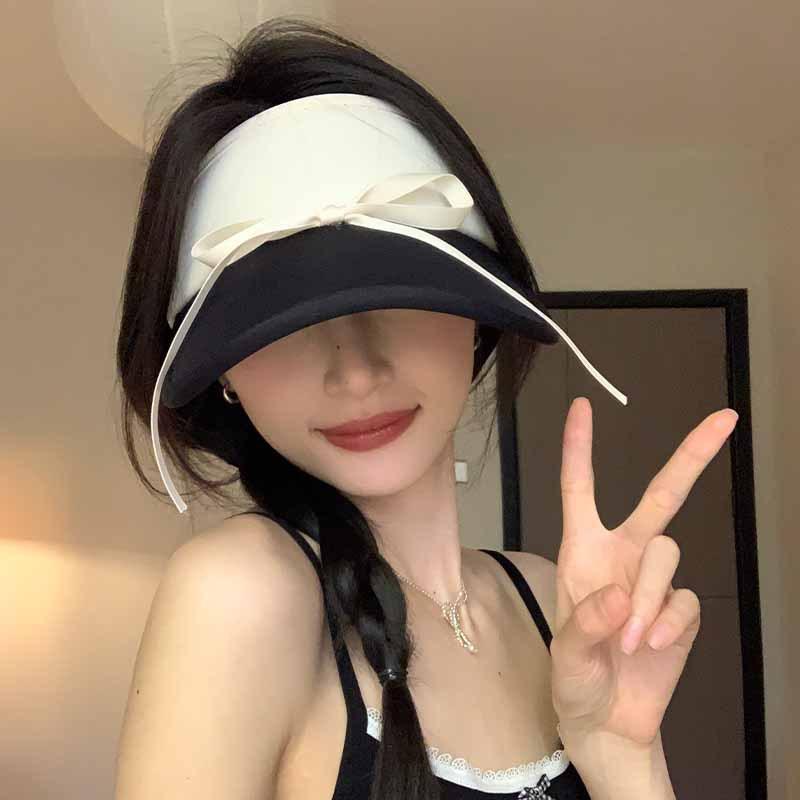 Sweet bow strap sun hat women's summer new ice silk sun protection sun shade empty top hat breathable and UV protection