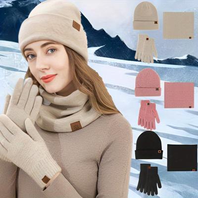 Adult Unisex Hat Bib Gloves 3pcs/1set Knitted Brushed Touch Screen Gloves Outdoor Warm Set