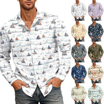 Men's Loose Fit Long Sleeve Shirt Hawaiian Style Button Down Collar Casual Vintage Beach Print Shirt for Spring and Autumn
