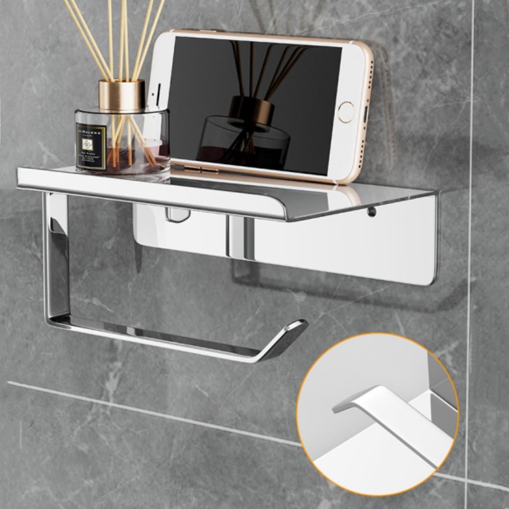Toilet Paper Holder Phone Shelf 2 in 1 No Drill Wall Mount Bathroom Tissue Roll Storage Rack Organizer Bathroom Accessories