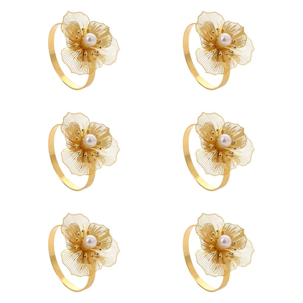 Metal napkin rings with hollow pearl flower design for elegant wedding For Party table decoration set of 6 pieces