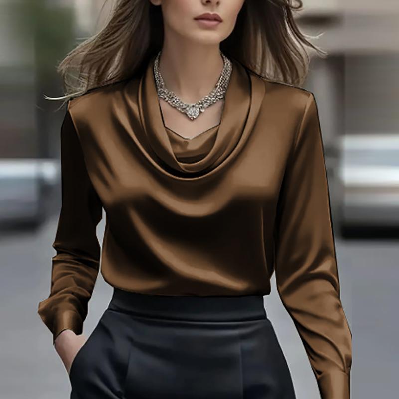 Satin-Langarmhemd Damen Elegant Seidenoberteile Damen Einfarbig Bürobluse Für Damen Frühling Herbst Pullover