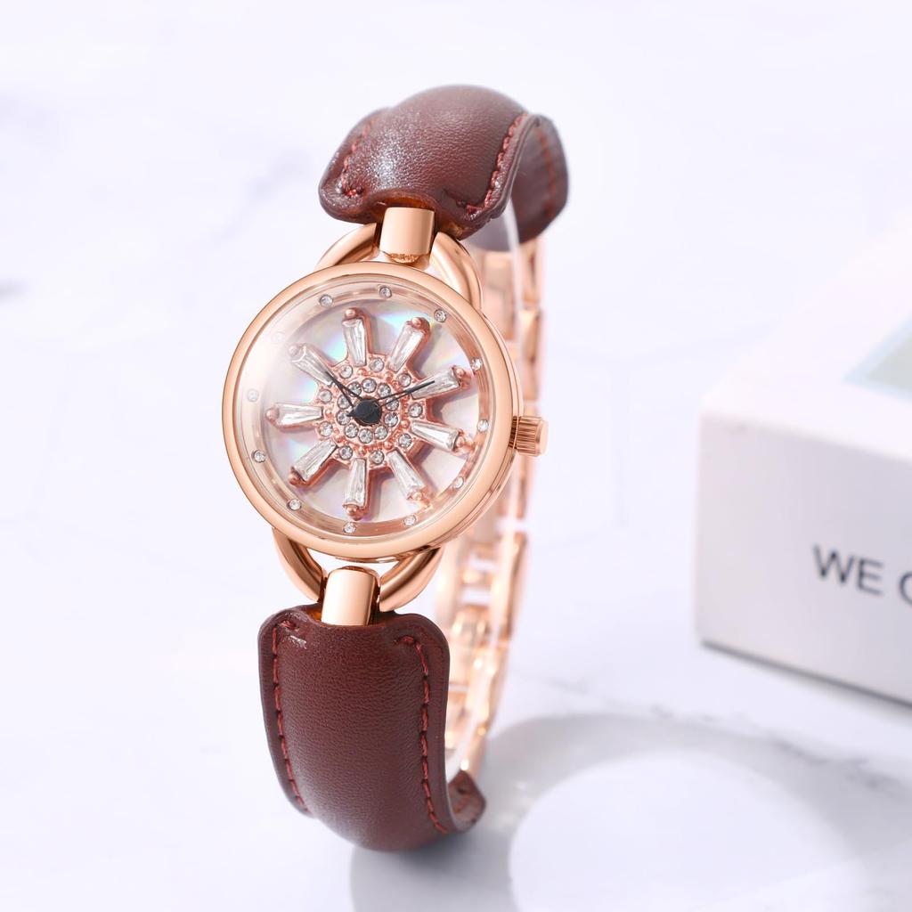 Lucky Leather Watch with Rotating Seashell Quartz Analog Bracelet Accessory Perfect Day Gift Women's Strap Diamond-Inspired, Waterproof, Dial,