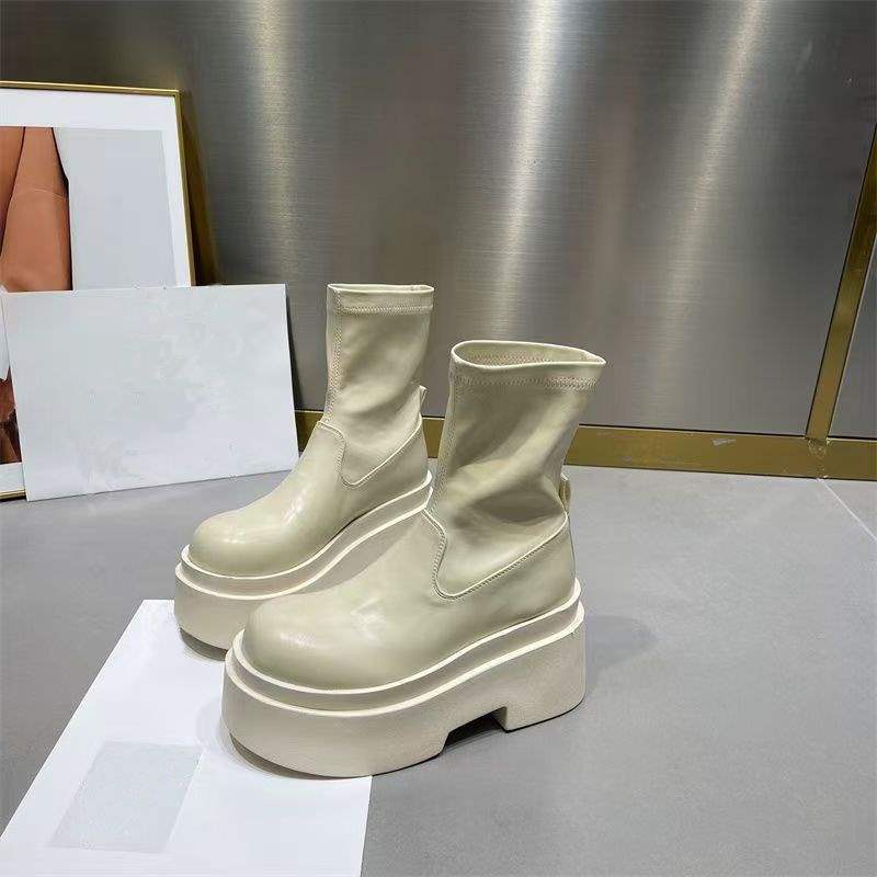 Fashion Versatile Thick-soled Heightening Casual Small Elastic Thin Boots 2025 New Tall and Thin Short Boots Women
