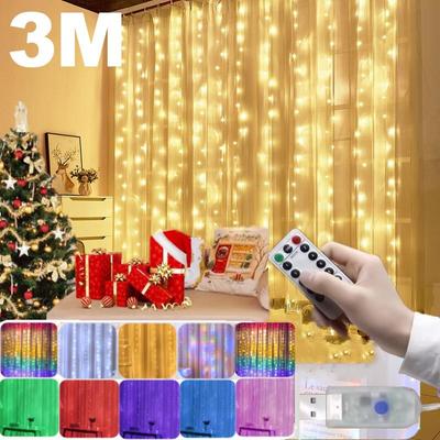 3M LED Curtain Garland Fairy String Lights Christmas Decoration USB Remote Control Holiday Lighting Party Wedding Decor Waterproof Colored Lamp