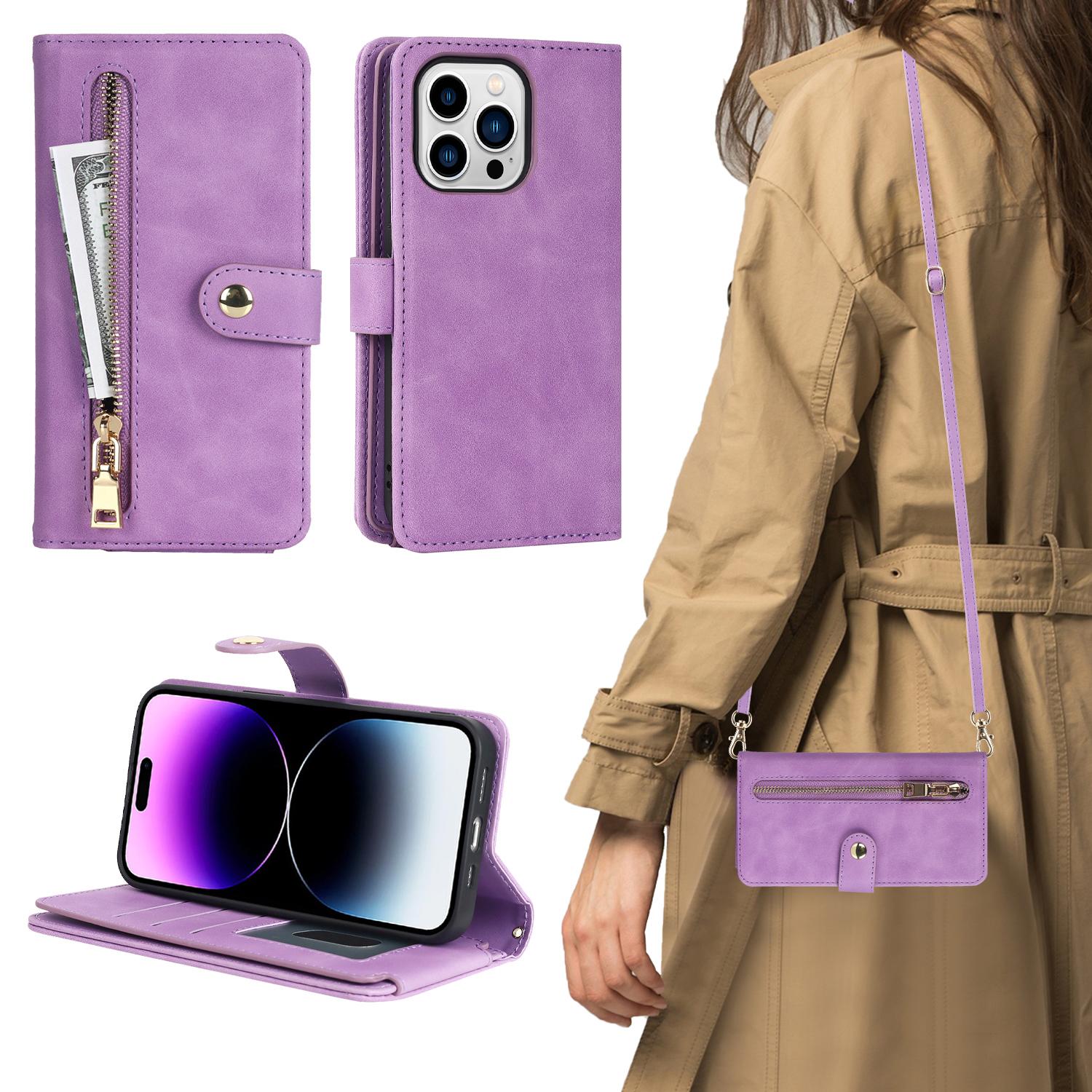 

Crossbody Zipper Cards Bag Wallet Leather Case For iPhone 15 Pro Max 14 Plus 13 12 Mini 11 XR 7 8 SE 2022 Purse Pocket Lanyard For iPhone 13Mini світло-фіолетового кольору
