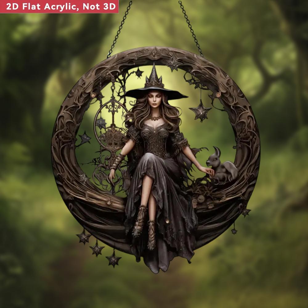 2D Flacher Halloween Traumfänger Anhänger - 2D Acryl Hexe mit Hängedekor mit Halbmond, Tropfenanhänger und Juwelenverzierung