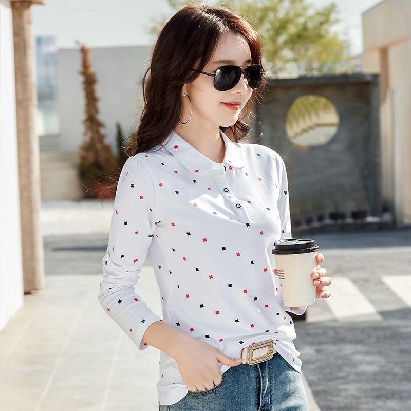 Women's Polo Neck Long Sleeve Regular Fit Top Casual Floral Print Button Down T-Shirt