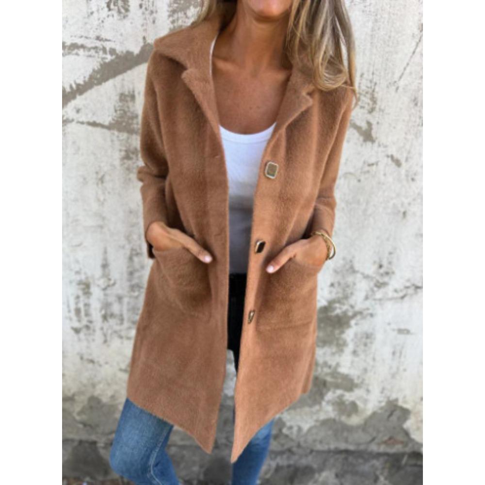 Women's Notched Lapel Single‑Breasted Pocket Loose Mid‑Length Fleece Coat Fall Outerwear