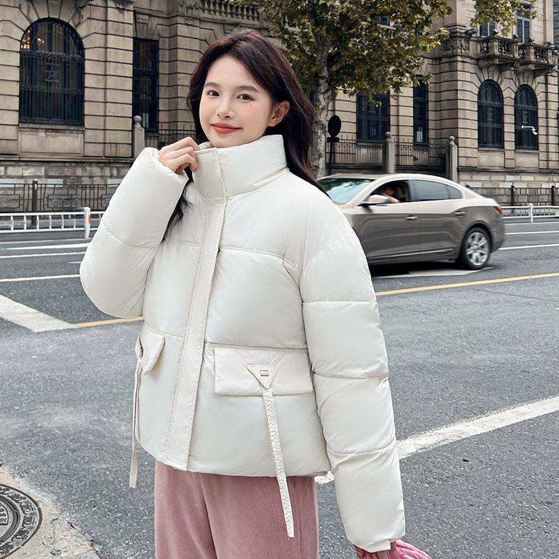 

Плюс размер хлопковая куртка женская короткая стойка воротник модный темперамент однотонный кисточка холодный костюм утолщенный теплый 2XL бежевый