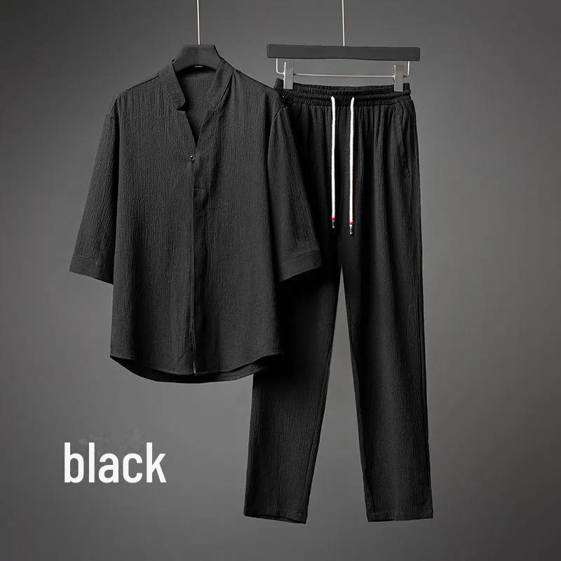 

Мужской летний ультратонкий костюм: Легкий роскошный свободный двухкомпонентный купальник со средним рукавом, большой размер, горячая распродажа 2025 г. 4XL чёрный