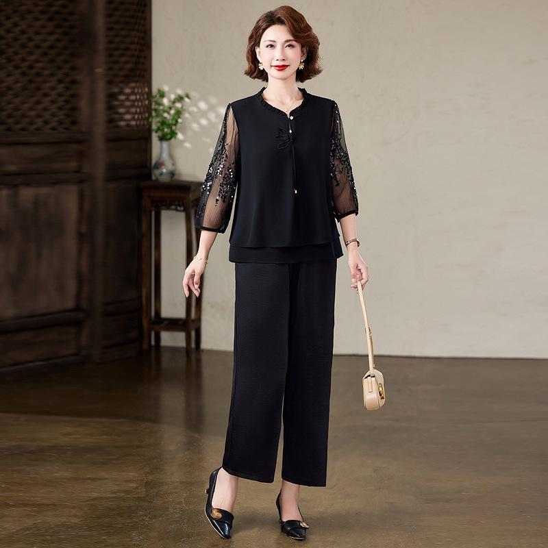 

Summer Chic Set: Casual Chinese Style Top & Pants for Middle-Aged Women 5XL (145-160 lbs) чорний