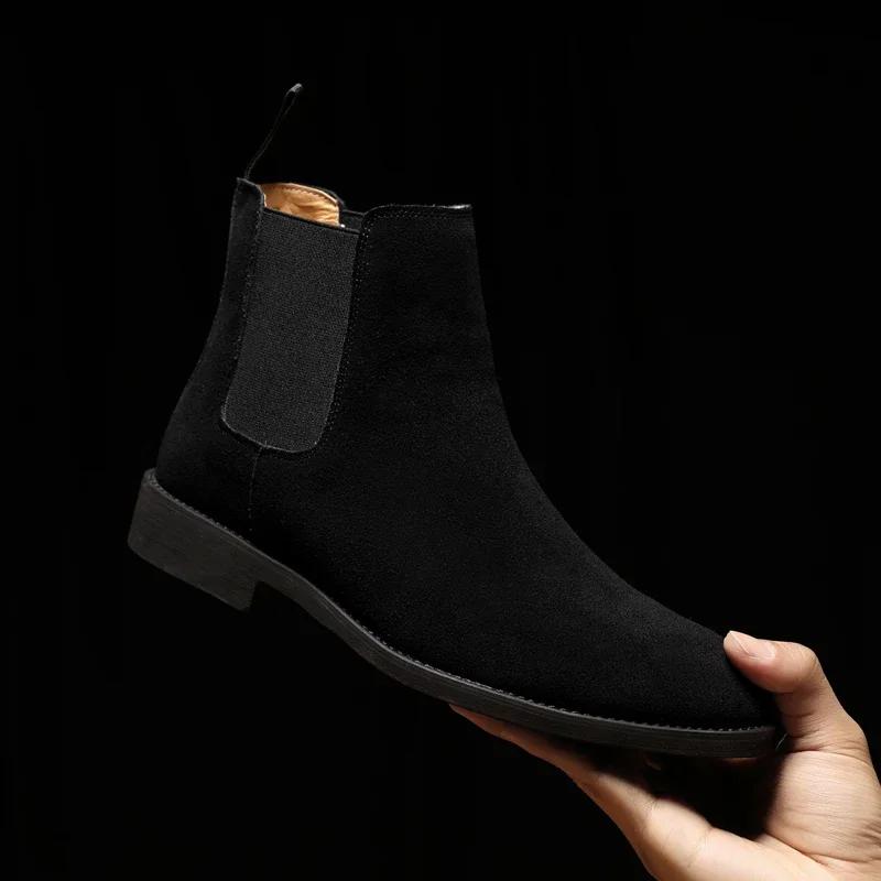 British Style Men's Genuine Suede Leather Chelsea Boots High-top Dress Shoes Fashion Warm Winter Men Riding Boots Shoes for Men