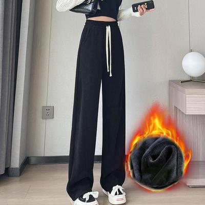 Women Autumn Classic Daily Versatile High Waisted Sweatpants Fashion Solid Elastic Thickened Cotton Straight Leg Pants