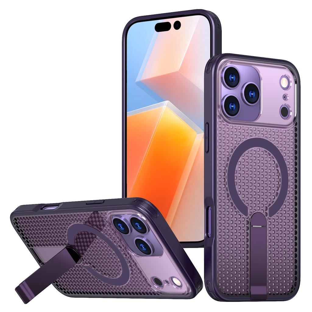 For iPhone 17 Pro Max Magnetic Case Kickstand Grid Texture TPU PC Phone Back Cover