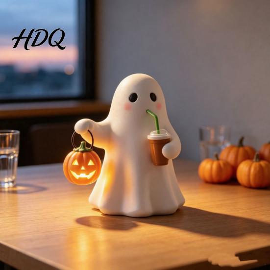 Dekorationsobjekt für den Innenbereich Niedliche Geister-Halloween-Figur mit leuchtendem Kürbis Harz Nacht-Schreibtischdekoration Tischdekoration Lustige Dekoration für